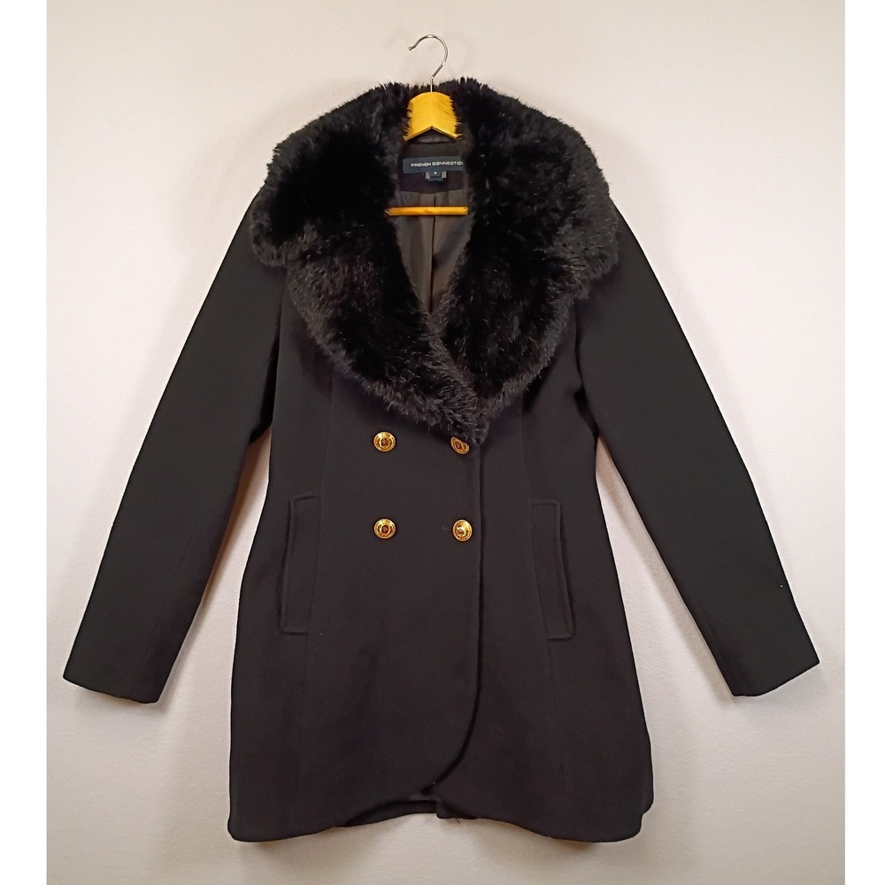 Dark Academia French Connection Women S Black Faux Fur Collar Wool Blend Coat
